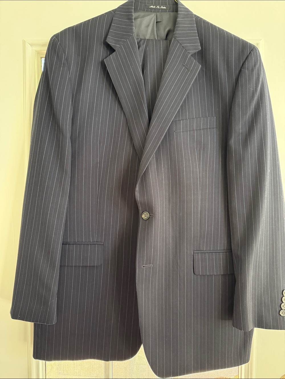 Chaps Men's Navy Pinstripe Single-Breasted Suit, jacket 44L, pants 38x32